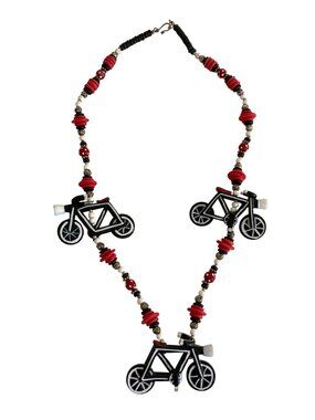 Vintage Handmade Bicycle Motorcycle Necklace Black White Red Hand Painted Wood